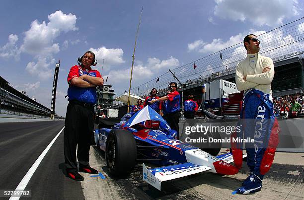 Dario Franchitti, driver of the ArcaEx Andretti Green Racing Honda Dallara looks on during practice for the 89th Indianapolis 500-Mile Race at the...