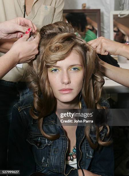 Model backstage at Tuleh Spring 2006 during Olympus Fashion Week Spring 2006 - Tuleh - Backstage at Bryant Park in New York City, New York, United...