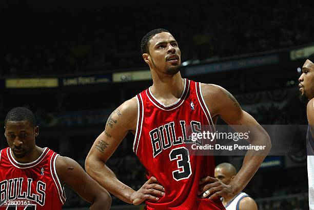 Juan Dixon of the Chicago Bulls stands on the court in Game five of the Eastern Conference Quarterfinals with the Washington Wizards during the 2005...