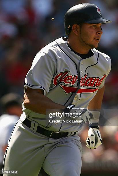 Jhonny Peralta of the Cleveland Indians runs the bases after hitting a home run against the Los Angeles Angels of Anaheim at Angel Stadium on May 11,...