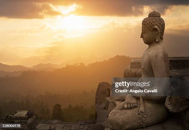 sunset over buddhist temple, borobudur, java, indonesia - borobudur temple stock pictures, royalty-free photos & images