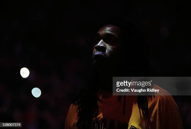 Jordon Hill of the Indiana Pacers looks on prior to Game Seven of the Eastern Conference Quarterfinals against the Toronto Raptors during the 2016...