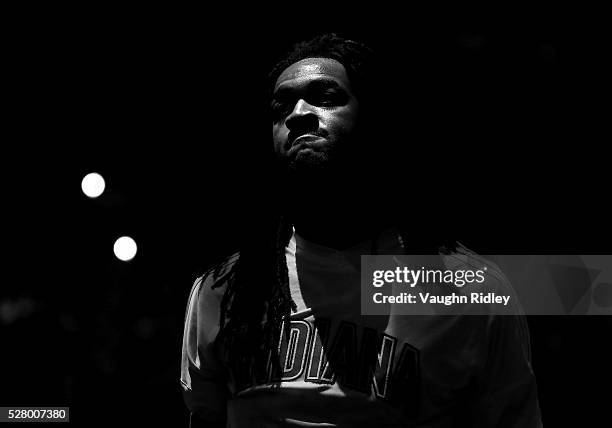 Jordon Hill of the Indiana Pacers looks on prior to Game Seven of the Eastern Conference Quarterfinals against the Toronto Raptors during the 2016...