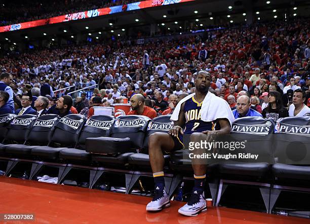 Rodney Stuckey of the Indiana Pacers sits on the bench in the second half of Game Seven of the Eastern Conference Quarterfinals against the Toronto...