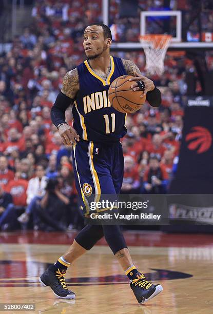 Monta Ellis of the Indiana Pacers dribbles the ball in the first half of Game Seven of the Eastern Conference Quarterfinals against the Toronto...