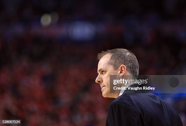 Head Coach Frank Vogel of the Indiana Pacers looks on in the first half of Game Seven of the Eastern Conference Quarterfinals against the Toronto...