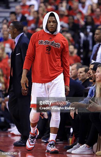 Kyle Lowry of the Toronto Raptors prepares to come back into the game in the second half of Game Seven of the Eastern Conference Quarterfinals...