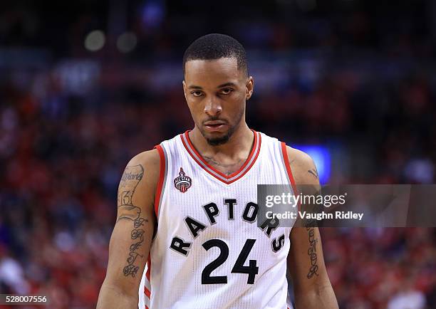 Norman Powell of the Toronto Raptors looks on in the first half of Game Seven of the Eastern Conference Quarterfinals against the Indiana Pacers...