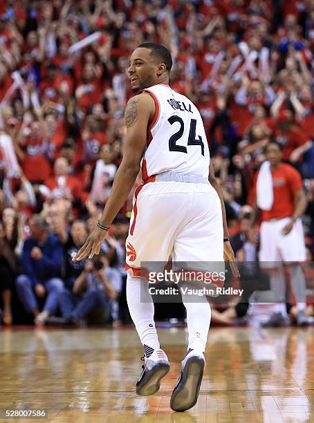 Norman Powell of the Toronto Raptors celebrates a 3 pointer late in the second half of Game Seven of the Eastern Conference Quarterfinals against the...
