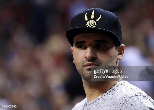 Toronto Maple Leafs hockey player Nazem Kadri watches the game in the first half of Game Seven of the Eastern Conference Quarterfinals between the...