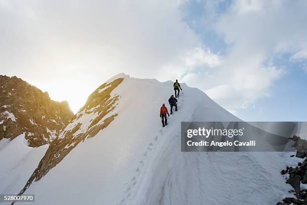 climbers on rochfort ridge ascending dent du geant, in mont blanc massif - valle daosta stock pictures, royalty-free photos & images