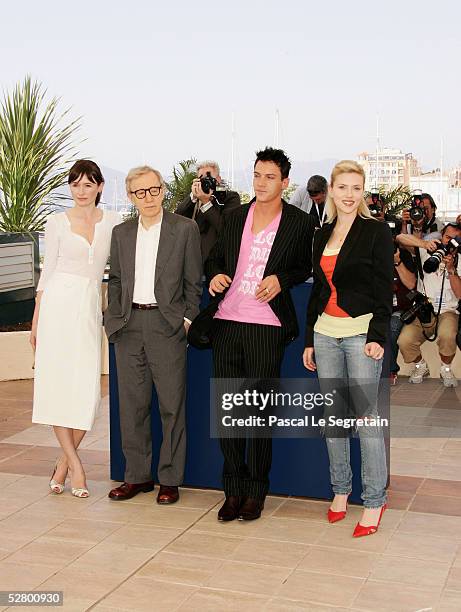 Actress Emily Mortimer, Director Woody Allen, actor Jonathan Rhys-Meyers and actress Scarlett Johansson attend a photocall promoting the film "Match...