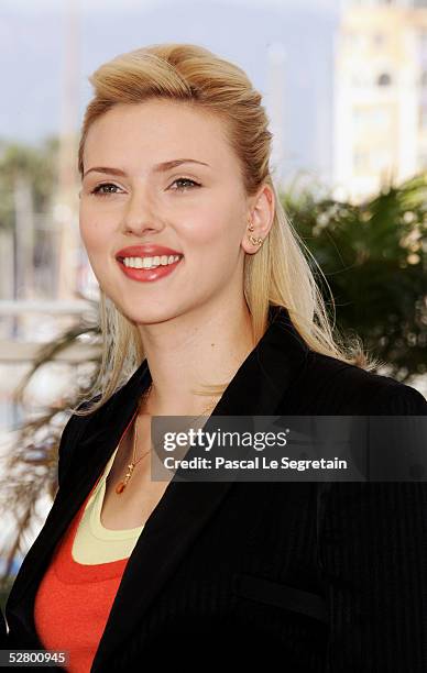 Actress Scarlett Johansson attends a photocall promoting the film "Match Point" at the Palais during the 58th International Cannes Film Festival on...