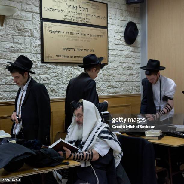 young adult students praying at morning prayer - lubavitcher rabbi stock pictures, royalty-free photos & images