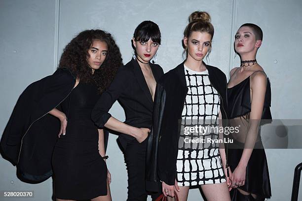 Models Kiara Barnes, Sarah Engelland, guest, and Ava Mcavoy attend the DKNY x New Museum Celebrate The New Women's Project at Spring Place on May 3,...