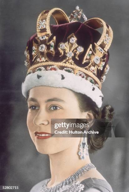 Queen Elizabeth II in her coronation crown, 1953. Known as St Edward's Crown, it was made in 1661 for the coronation of King Charles II, and is...