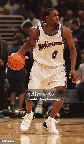Gilbert Arenas of the Washington Wizards moves the ball in Game four of the Eastern Conference Quarterfinals against the Chicago Bulls during the...