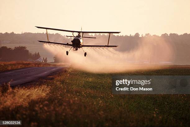 crop-dusting a field - biplane stock pictures, royalty-free photos & images