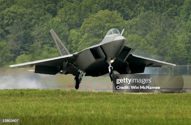 The first F/A-22 Raptor destined for the First Fighter Wing touches down shortly before being delivered May 12, 2005 at Langley Air Force Base,...