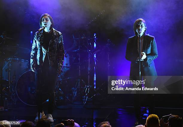 Musicians Tegan Quin and Sara Quin of Tegan and Sara perform onstage at the Teragram Ballroom on May 3, 2016 in Los Angeles, California.