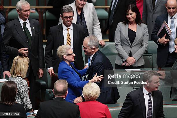 Bronwyn Bishop receives a hug from Prime Minister Malcolm Turnbull after giving her valedictory speech in the House of Representatives at Parliament...