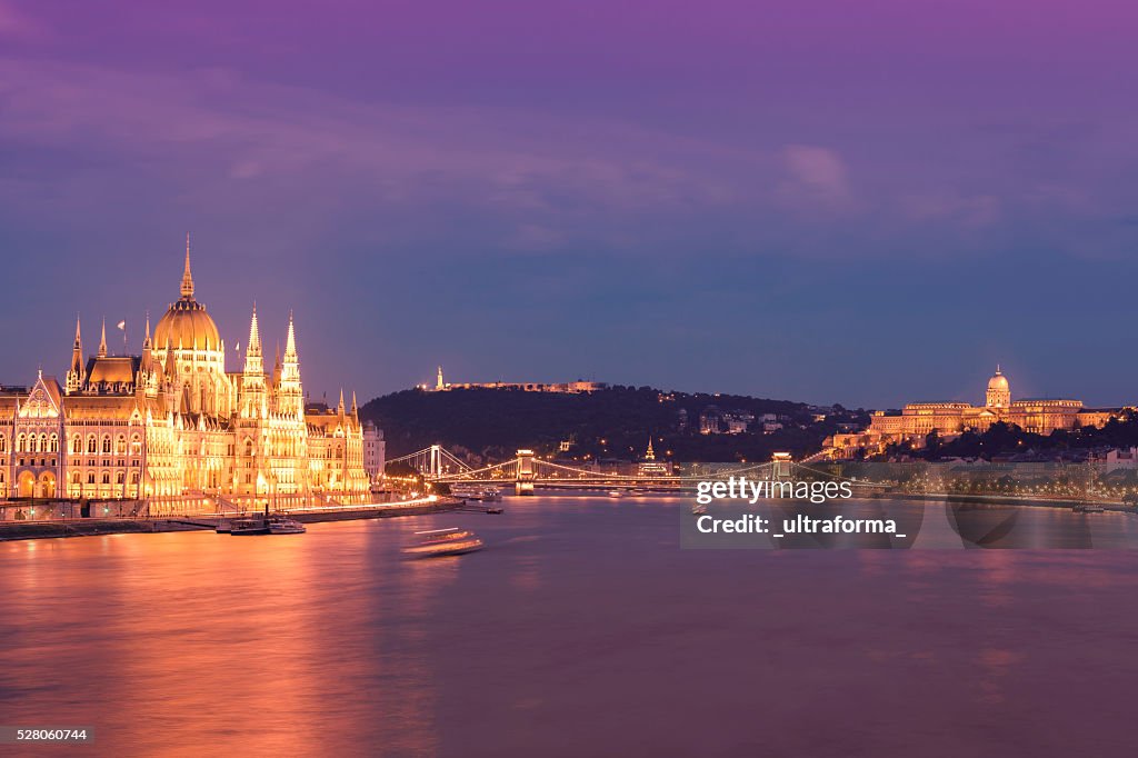 Parliament Chain Bridge Castle Hill Citadella in Budapest at dusk