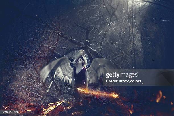 surreal angel in the woodland - fallen angel stock pictures, royalty-free photos & images