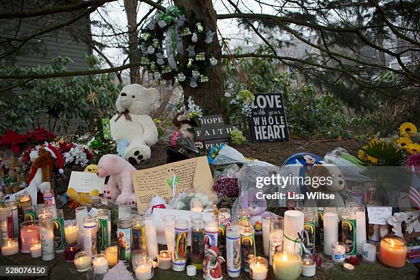 Messages of support left at the shrine set up around the towns Christmas tree in Sandy Hook after the mass shootings at Sandy Hook Elementary School,...