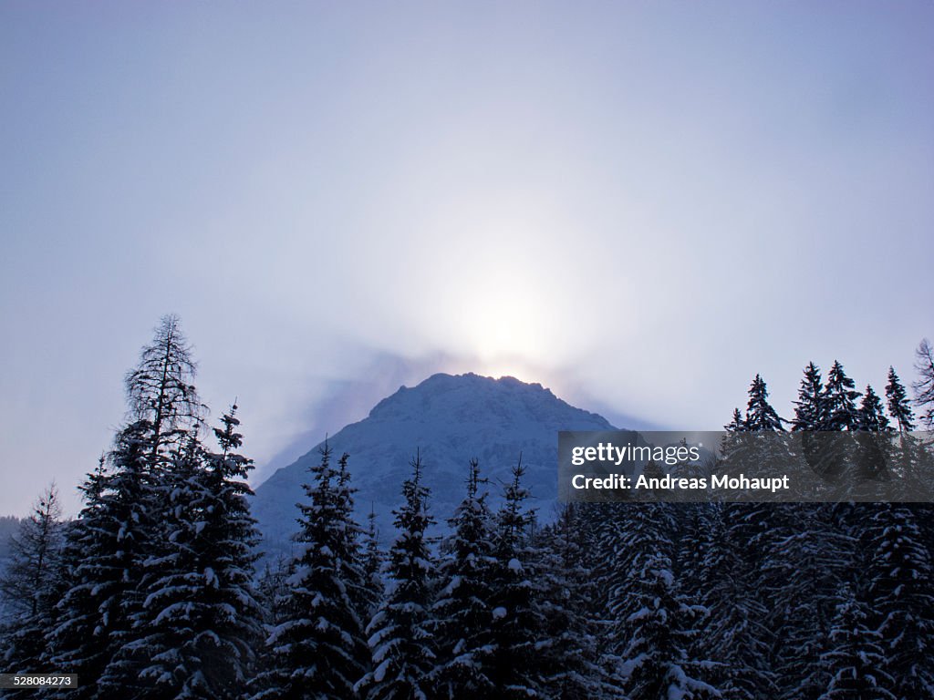 View over trees to a mountain with sun and clouds