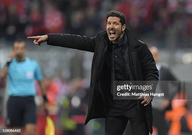 Head coach Diego Simeone of Madrid gestures during the UEFA Champions League semi final second leg match between FC Bayern Muenchen and Club Atletico...