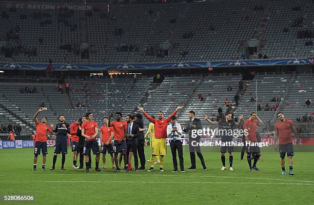 The team of Madrid celebrates with the fans after the UEFA Champions League semi final second leg match between FC Bayern Muenchen and Club Atletico...