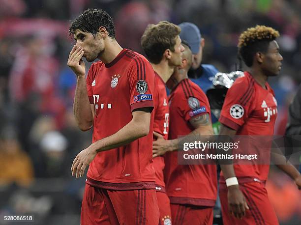 Javi Martinez of Muenchen shows his disappointment after the UEFA Champions League semi final second leg match between FC Bayern Muenchen and Club...