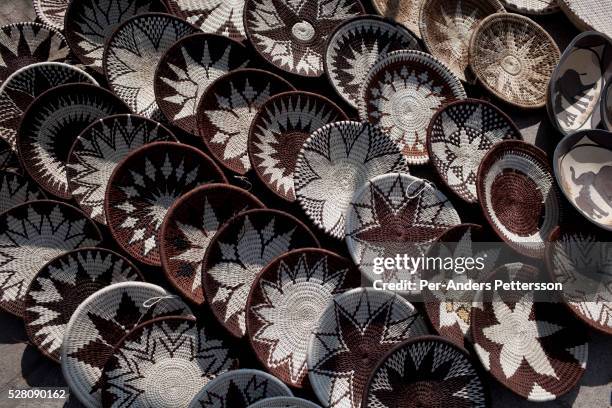 View of woven traditional baskets in a market in downtown Gaborone, Botswana.