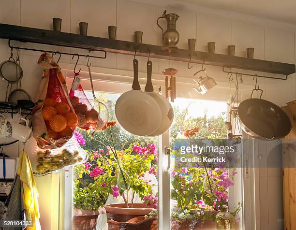 typical mediterranean  kitchen view - draped stock pictures, royalty-free photos & images