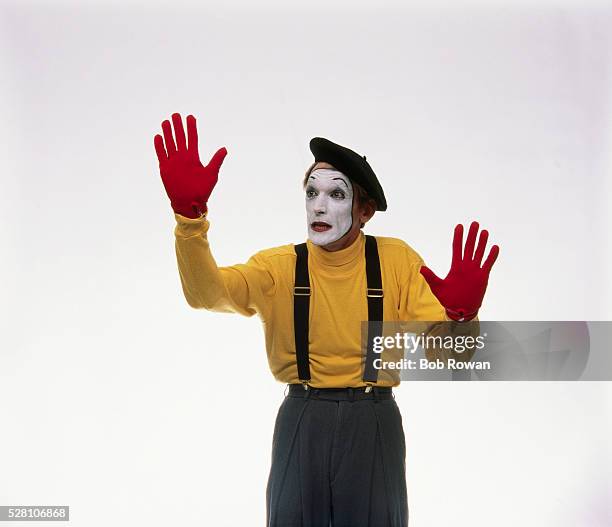 mime in invisible box - pantomime stock pictures, royalty-free photos & images