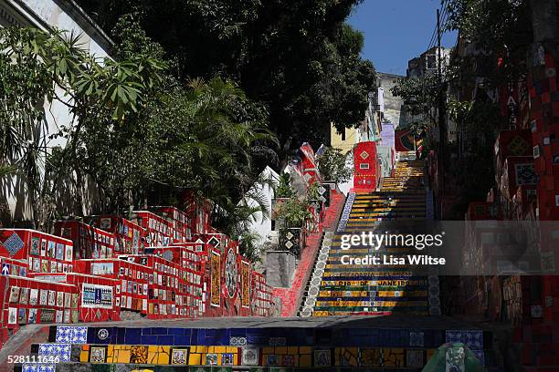 View of Escadaria Selaron, a Colorful tiled stairway in the Lapa district of Rio de Janeiro, Brazil on August 16, 2010. Photo by Lisa Wiltse