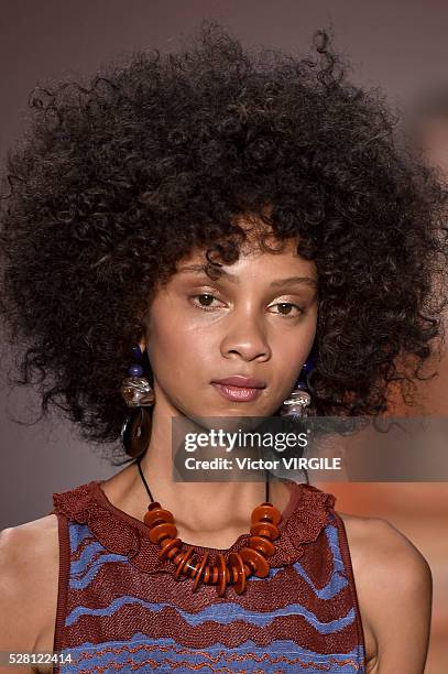 Model walks the runway at the GIG Couture fashion show during the Sao Paulo Fashion Week Spring/Summer 2016-2017 on April 29, 2016 in Sao Paulo,...