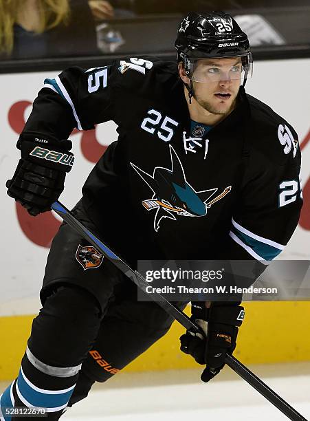 Tye McGinn of the San Jose Sharks plays in the game against the Vancouver Canucks at SAP Center on November 6, 2014 in San Jose, California.