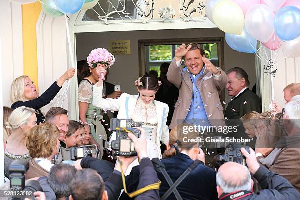 Bride Sophie Wepper and her husband Bridegroom David Meister during the wedding of Sophie Wepper and David Meister outside the registry office at...