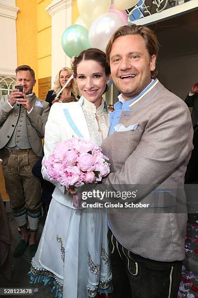 Bride Sophie Wepper and her husband Bridegroom David Meister during the wedding of Sophie Wepper and David Meister outside the registry office at...