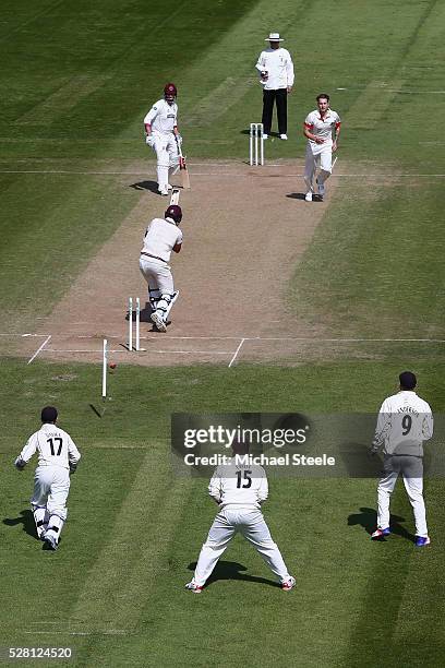 Tim Groenewald of Somerset is bowled by Kyle Jarvis of Lancashire during day four of the Specsavers County Championship Division One match between...