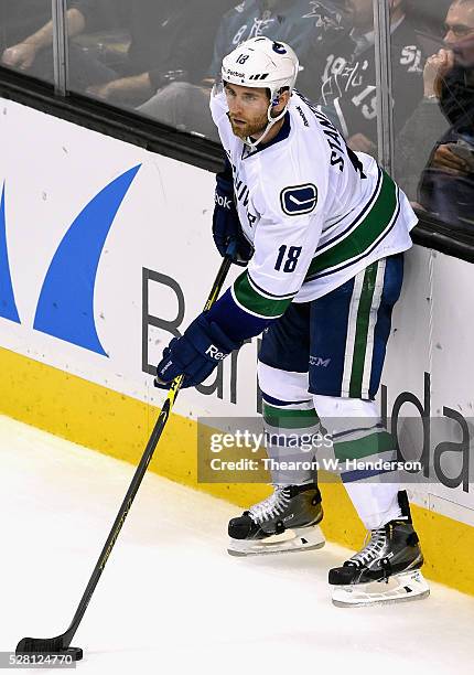 Ryan Stanton of the Vancouver Canucks plays in the game against the San Jose Sharks at SAP Center on November 6, 2014 in San Jose, California.