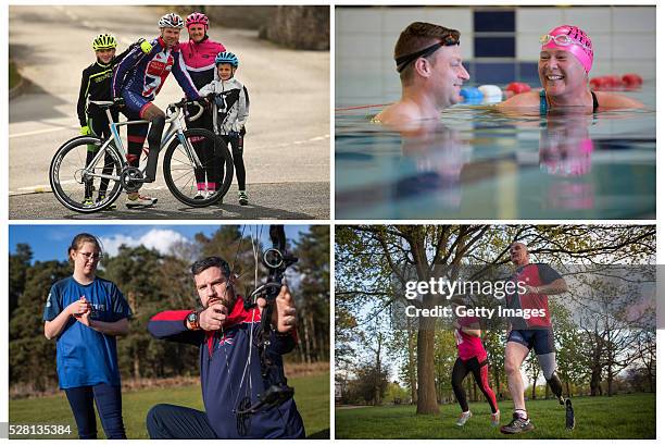 This composite image shows team members competing in the Invictus Games in Orlando training with family members. **TOP LEFT** CHESTERFIELD, ENGLAND...