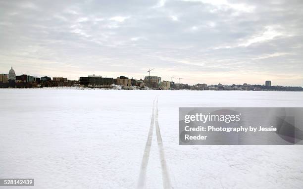 ski tracks across frozen lake - lake mendota stock pictures, royalty-free photos & images