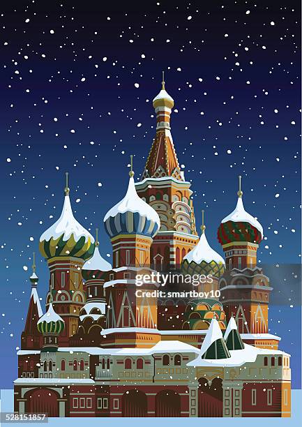 stockillustraties, clipart, cartoons en iconen met saint basil's cathedral at christmas - moscow - russian orthodox