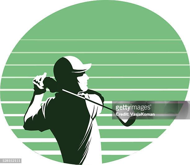 golf player swings on green background - golf driver stock illustrations