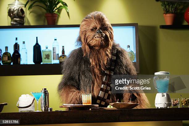Chewbacca tends to the bar during filming for a promo for the 2005 MTV Movie Awards at Paris Studios May 12, 2005 in Queens borough of New York City....