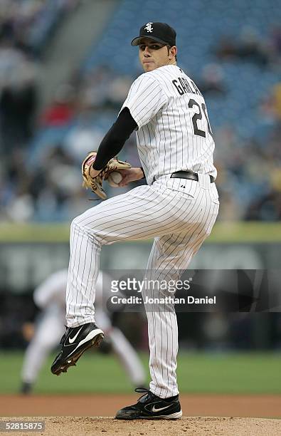 Starting pitcher Jon Garland of the Chicago White Sox prepares to deliver the ball against the Baltimore Orioles on May 12, 2005 at U.S. Cellular...