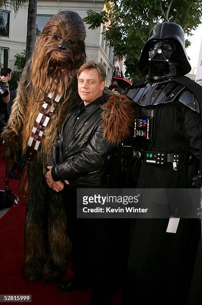 Actor Mark Hamill and the characters Chewbacca and Dark Vader arrive at the "Star Wars Episode III - Revenge Of The Sith" Los Angeles Premiere at the...