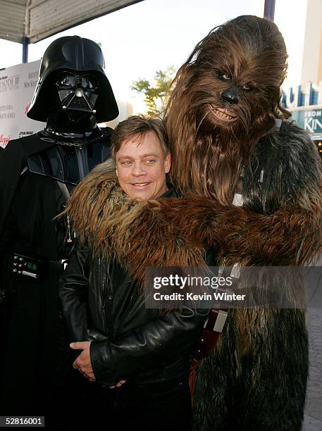 Actor Mark Hamill and the characters Chewbacca and Dark Vader arrive at the "Star Wars Episode III - Revenge Of The Sith" Los Angeles Premiere at the...